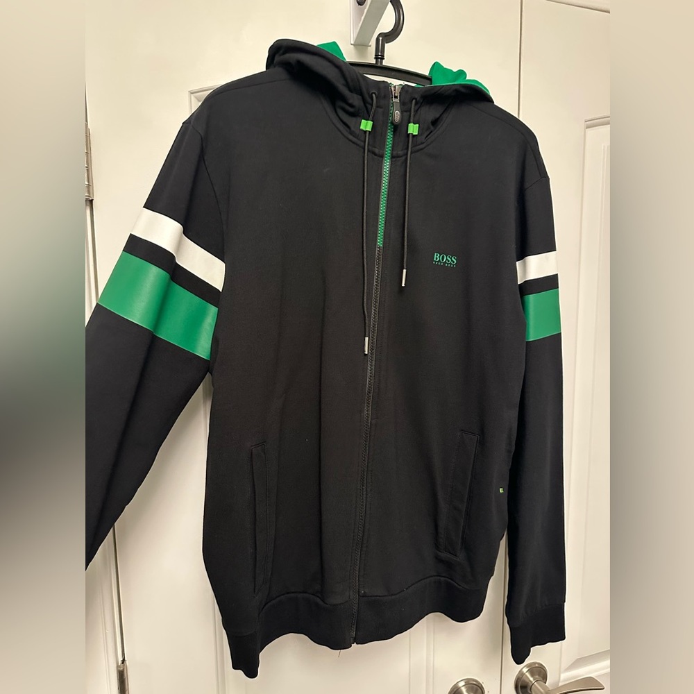 Boss Men's Black Hoody with Green and White Stripes